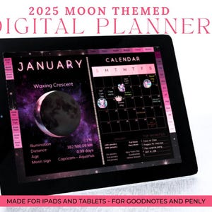 2025 Pink Black Moon Theme Digital Planner | Dark Theme for Goodnotes, Notability, Samsung Notes | iPad & Android Tablets