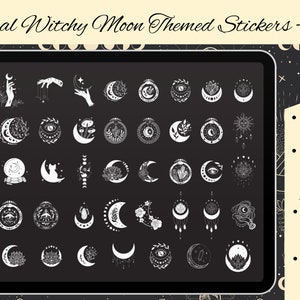 Witchy Moon Digital Stickers for iPad & Tablets - White Minimalist Digital Moon Stickers