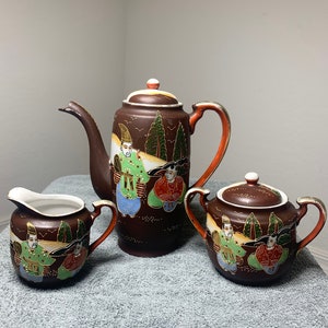 Antique Satsuma Moriage Tea Set: Hand-Painted Japanese Porcelain, 1920s Art Deco