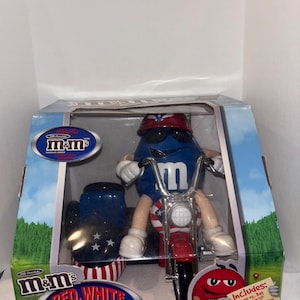M&M&#39;s Candy Dispenser Red White and Blue Motorcycle Unused NIB Original Box