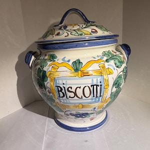 Vintage Italian Ceramic Biscotti Jar – Hand-Painted Tuscan Pottery – Kitchen Decor – Large Cookie Jar – Made in Italy