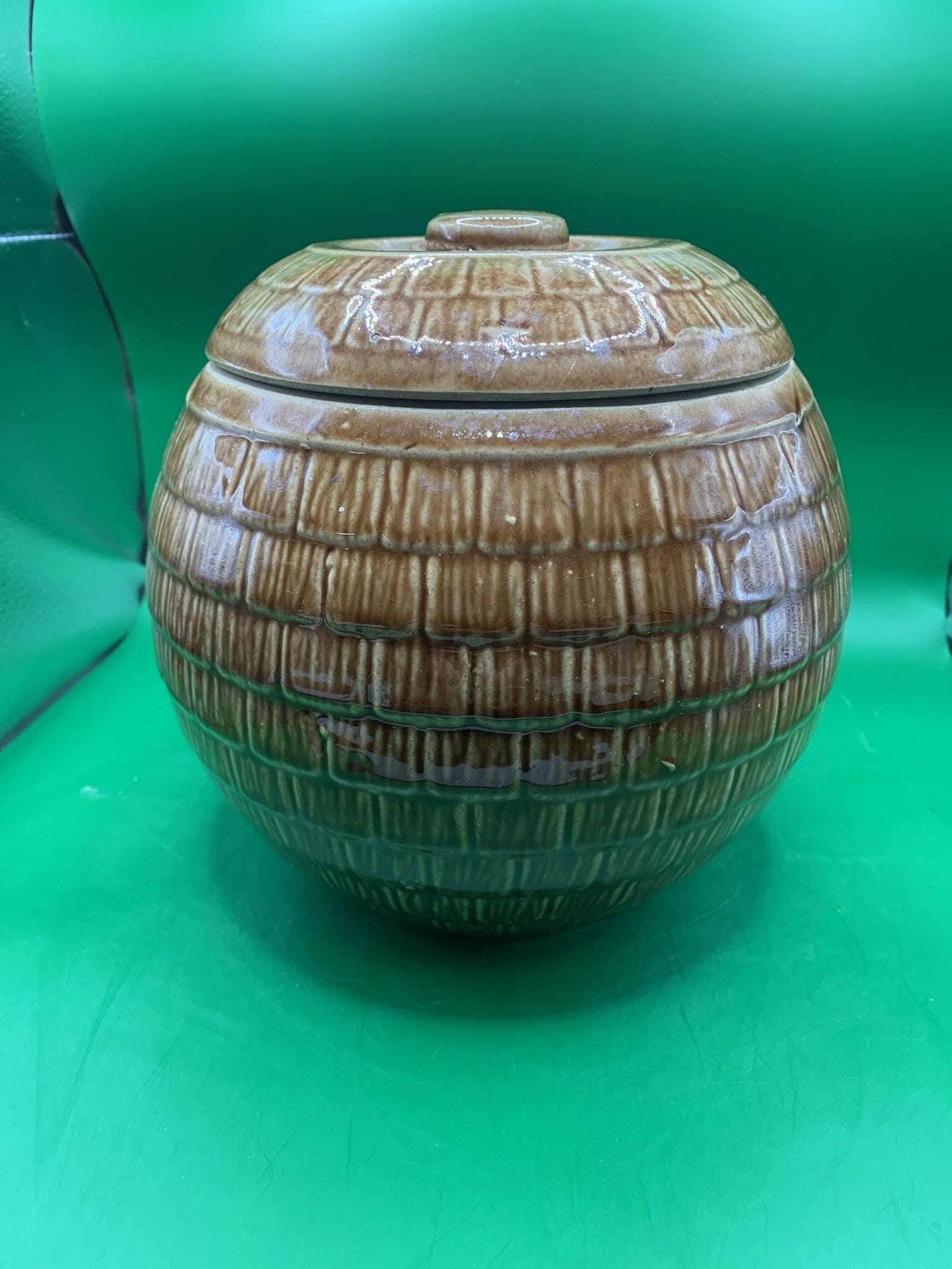 ヴィンテージ セラミック クッキージャー：ブラウン グレーズド バレル