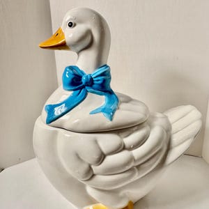11” Figural White Goose Cookie Jar with Lid – Vintage Farmhouse Kitchen Canister – Goose with Blue Ribbon Bow – Ceramic Animal Cookie Jar