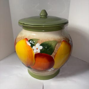 Hand-Painted Vintage Ceramic cooki jar with Lid – “Jars by Nonni” – Fruit and Floral Kitchen