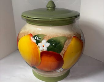 Tarro de cerámica vintage pintado a mano con tapa – “Tarros de Nonni” – Cocina con motivos frutales y florales