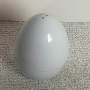 May include: White egg-shaped salt shaker with three small holes on top. The shaker is made of a smooth, glossy material and has a seam around the middle. The design is simple and minimalist.