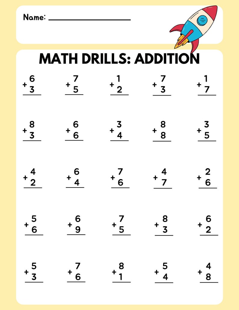 Math Drill Addition Worksheet 3 Etsy