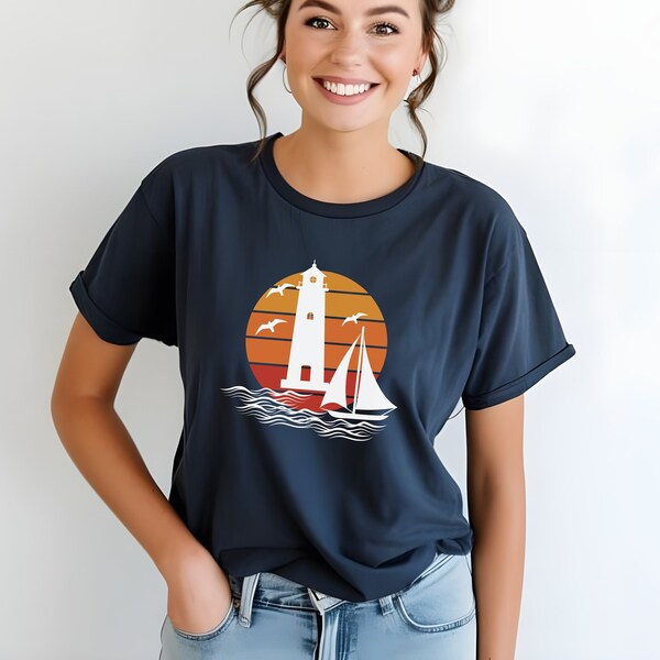 Lighthouse Sail Boat Ombre Sunset Graphic Print Tshirt, Wanderlust Gift for Travel Ocean Lover, Summer Travel Shirt Adventure Explorer Tee