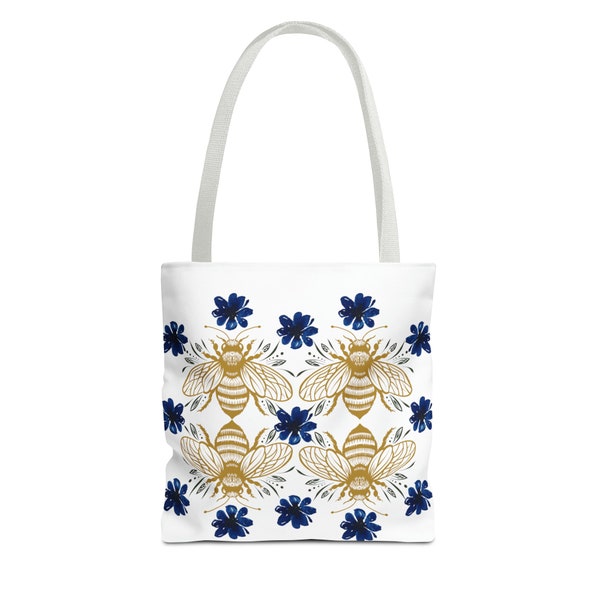 Grand sac fourre-tout vintage à motif d'abeilles et de petites fleurs bleues, à utiliser tous les jours, sac fourre-tout blanc chic pour les amateurs d'abeilles, bleu jaune doré