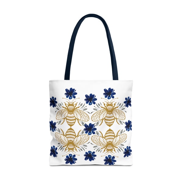 Grand sac fourre-tout vintage à motif d'abeilles et de petites fleurs bleues, à utiliser tous les jours, sac fourre-tout blanc chic pour les amateurs d'abeilles, bleu jaune doré