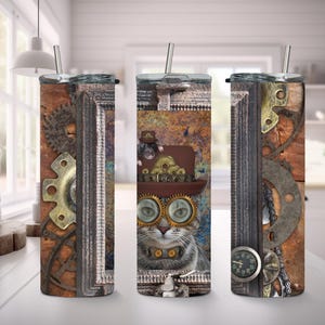 Steampunk Cat Vintage 20 oz Skinny Sublimation Tumbler, Steampunk Tumbler, Steampunk Cat, Steampunk Gears, Steampunk Dials, Vintage Tumbler