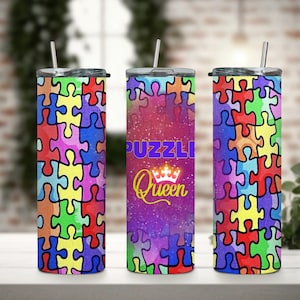 Puzzle Königin helle Farben 20 oz dünner Becher, PNG Sublimation, digitaler Download, Sublimationsbecher, Puzzle PNG, Puzzle-Liebhaber