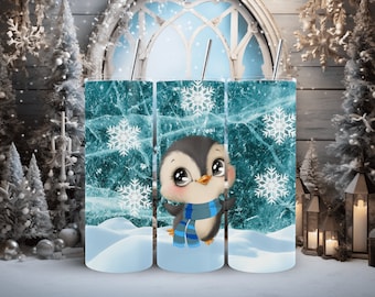 Penguin Tumbler with Snow, Winter Tumbler Gift, Cute Animal Cup, Travel Drink Cup, Winter Christmas Vibe, Baby Animal Cup, Ladies Gift
