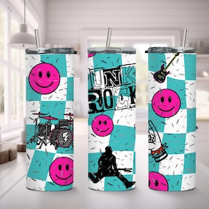 Punk Rock Checker 20 oz Skinny Sublimation Tumbler, Punk Tumbler, Punk Rock, Pink Smiley, Punk Gift, Punk Music Lover, Cute Punk Tumbler