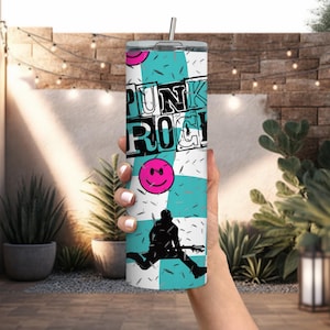 Punk Rock Checker 20 oz Skinny Tumbler, Punk Tumbler, Punk Rock, Pink Smiley, Punk gift, punk music lover, gift for teens, cute punk tumbler