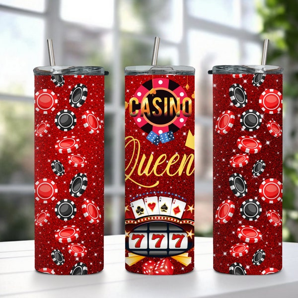 Casino Queen Red Glitter 20 oz Skinny Tumbler, PNG Sublimation, Digital Download,Tumbler Wrap, Glitter tumbler, Casino png,ladies tumbler