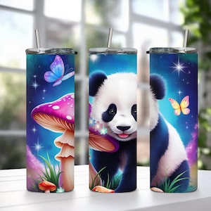 Panda With Mushroom 20 oz Tumbler Sublimation, PNG Design Download, Cute Panda Tumbler, Zoo Animals, Sublimation Wrap, Panda Lovers
