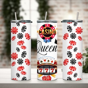 Casino Queen White 20 oz Skinny Tumbler, PNG Sublimation, Digital Download, Sublimation Wrap, Tumbler Wrap, Casino Wrap, ladies tumbler