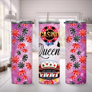Casino Queen Pink 20 oz Skinny Tumbler, Sublimation Tumbler, Casino Tumbler, Casino Mama, Gambling Tumbler, can be personalized with name
