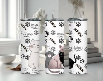 Meow Meow Cats 20 oz Skinny Tumbler, PNG Sublimation, Digital Download, Sublimation Wrap, Tumbler Wrap, Cat PNG Wrap, Cat Lover PNG,