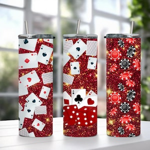 Vaso delgado de 20 oz con diseño de sublimación PNG, descarga digital, cartas de póker, casino, vaso para juegos de azar, regalo de casino