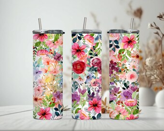 Colorful Flowers 20 oz Skinny Tumbler PNG Sublimation Design Digital Download, Floral Pattern Design, Cute Gift For Ladies,Spring and Summer