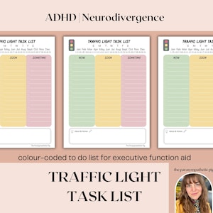 Op de afbeelding: Drie printbare verkeerslicht-takenlijsten om taken te organiseren. De lijsten zijn kleurgecodeerd met groene, gele en roze secties met de labels "Nu", "Binnenkort" en "Later". De tekst "ADHD | Neurodivergence" staat bovenaan de afbeelding. De tekst "kleurgecodeerde takenlijst voor ondersteuning van de uitvoerende functie" staat onder de lijsten. De tekst "TRAFFIC LIGHT TASK LIST" staat onder de tekst. De tekst "the parasympathetic pig" staat in de rechterbenedenhoek van de afbeelding.