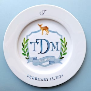 Birthday Plate for Boys with Woodland Animals: Personalized Ceramic Monogram Keepsake Plate