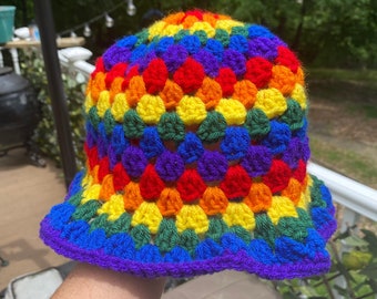 Crochet Bucket Hat, Retro, Rainbow Pride Bucket Hat, Festival Hat