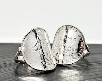 Bague pièce de monnaie 1 Franc Semeuse argent | Bague historique double corps | Bijou artisanal fait main | Cadeau symbolique personnalisé