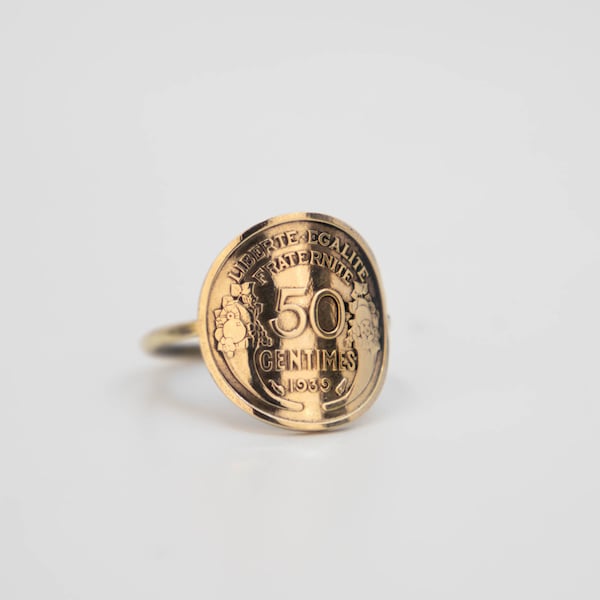 Bague pièce de monnaie 50 Centimes de Franc Morlon, Cintrée, Revers, Bague Femme, Bague Homme