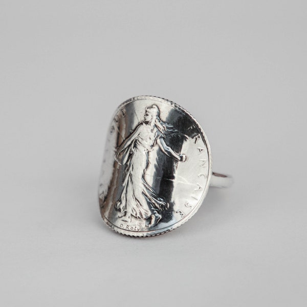 Bague pièce de monnaie 1 Franc Semeuse, Argent, Avers, Cintrée, Bague Femme, Bague Homme