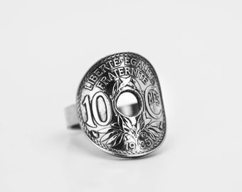 Bague pièce de monnaie 10 Centimes Lindauer, Argentée, Cintrée, Bague Femme, Bague Homme