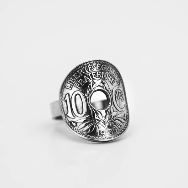 Bague pièce de monnaie 10 Centimes Lindauer, Argentée, Cintrée, Bague Femme, Bague Homme