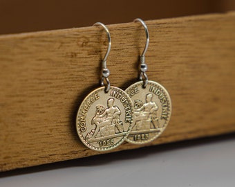 Boucles d'Oreilles pièce de monnaie 50 Centimes Commerce de France, Laiton & Argent, Bijou Femme