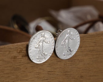 Earrings, Stud Type, 50 centimes Semeuse coin, Silver