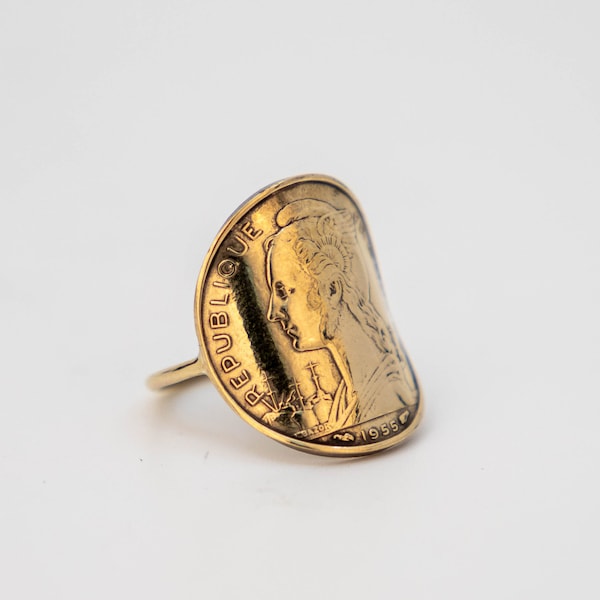 Bague pièce de monnaie 20 Francs Réunionnais, Cintrée, Bague Femme, Bague Homme