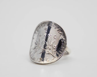 Bague pièce de monnaie 1 Franc Semeuse, Argent, Cintrée, Revers, Bague Femme, Bague Homme