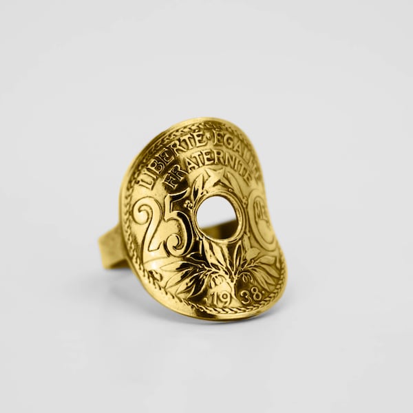 Bague pièce de monnaie 25 Centimes Lindauer, Plaquée Or 14 Carat, Cintrée, Bague Femme, Bague Homme