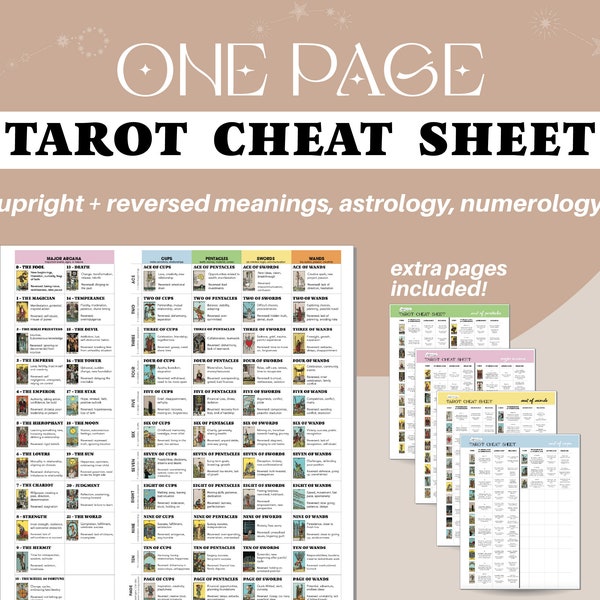 Printable Tarot Cheat Sheet, Tarot Symbolism, Printable Tarot Meanings, Learn Tarot, Beginner Tarot Guide, PDF Download, Reversed Keywords