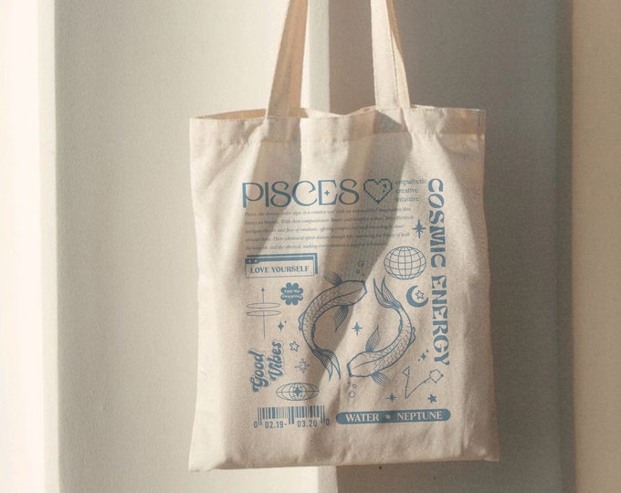 Pisces Tote Bag, Astrology Y2K Bag with Zodiac Sign, Celestial Pisces Gift, Gift for Pisces Friend, Reusable Cool Tote Bags, Trendy Tote Bag