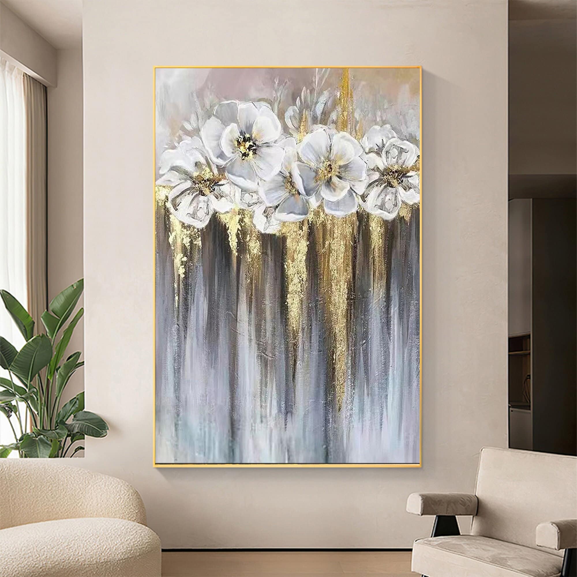 Abstract Gold Foil Flower Hand Painted Canvas Original Etsy