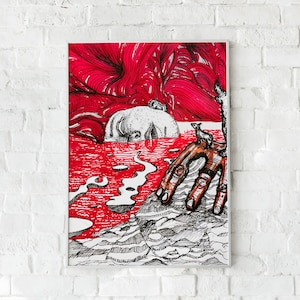 Könnte beinhalten: Gerahmte Kunst mit einer surrealen Illustration. Das Gesicht einer Person taucht aus roter Flüssigkeit auf, eine Hand greift danach. Der Stil ist detailliert, mit schwarzer und roter Tinte auf Weiß. Das Kunstwerk ist gerahmt.
