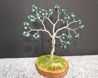 Malachite Bonsai Tree with Tiger on wood base