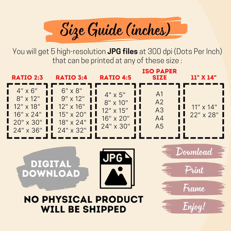 May include: A size guide for digital printable art prints. The guide shows different aspect ratios and corresponding print sizes in inches, including standard ISO paper sizes. The text says "You will get 5 high-resolution JPG files at 300 dpi (Dots Per Inch) that can be printed at any of these sizes: " and "No physical product will be shipped."