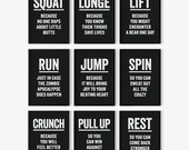 Gym Wall Art Set of 9 Prints | Home Gym Wall Decor | Gym Motivational Poster | Home Gym Sign | Funny Gym Quotes | Squat Lunge Lift Run Spin