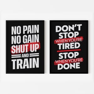 May include: Two black framed motivational posters with white text and red accents. The left poster says "No pain no gain shut up and train". The right poster says "Don't stop when you're tired stop when you're done".