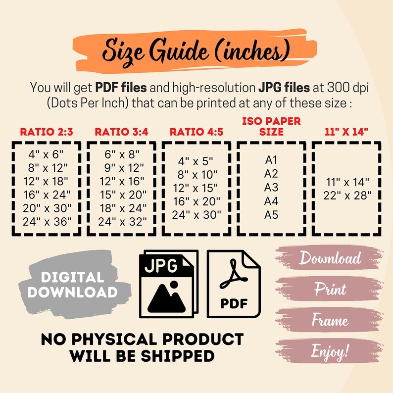 May include: A size guide for digital printable art, showing different aspect ratios and corresponding paper sizes in inches. The guide includes JPG and PDF file formats, and mentions that no physical product will be shipped.