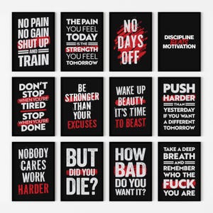 May include: Set of 12 motivational quotes printed on black and red backgrounds. The quotes are about fitness, strength, and pushing yourself to be better.