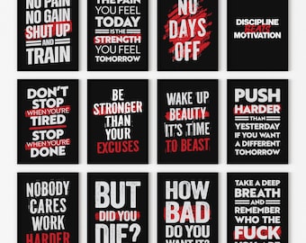 Puede incluir: Conjunto de 12 citas motivacionales impresas en fondos negro y rojo. Las citas son sobre la forma física, la fuerza y ​​el esfuerzo por superarse a sí mismo.